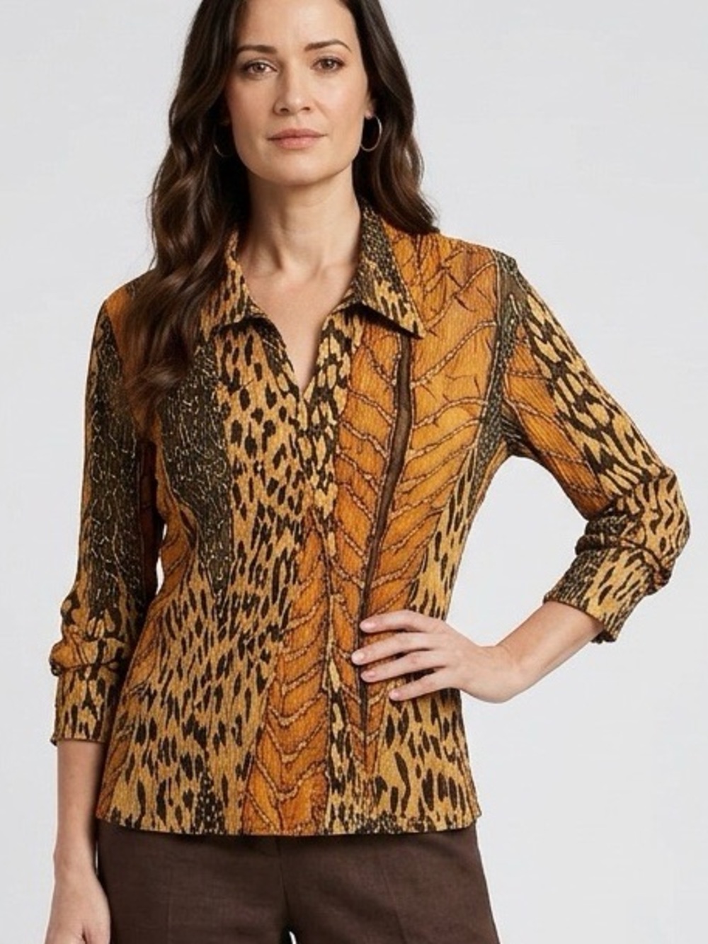 Alberto Makali Animal Print Crinkle Sequin Button Blouse Art to Wear